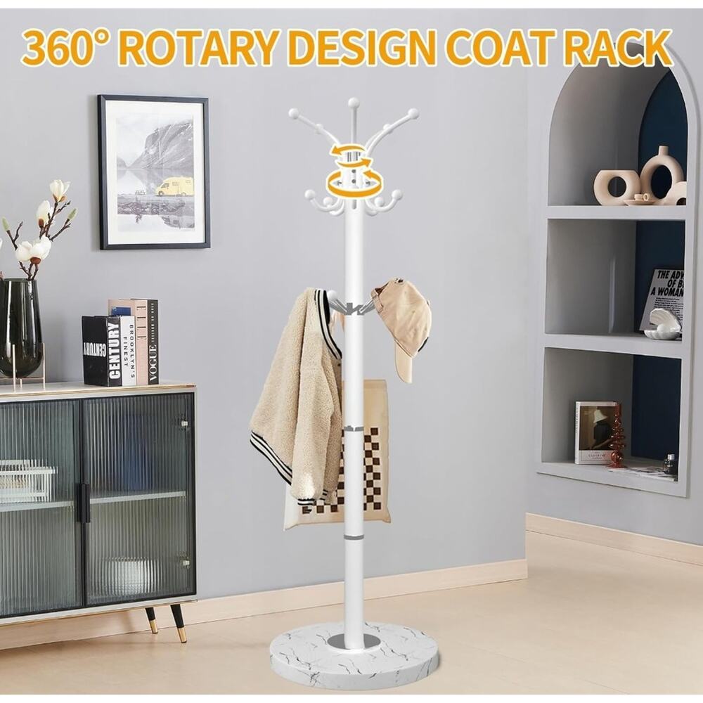 Metal Coat Rack Stand Marble Base 360° Rotating 14 Hooks Freestanding Open Box